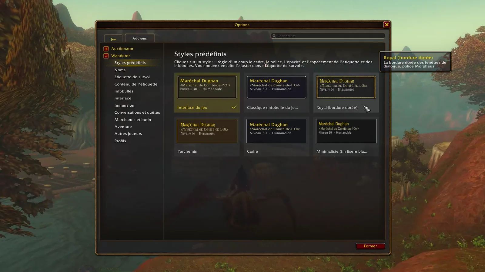 Wanderer options in the game's settings, showing the predefined styles and the live label preview