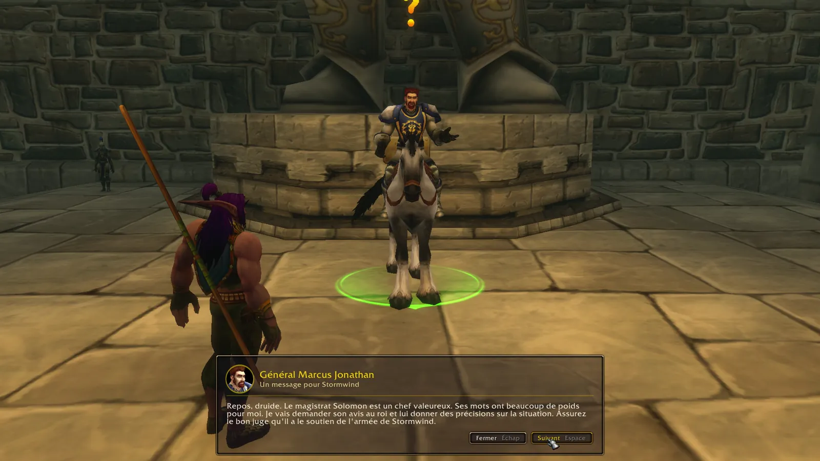 A quest shown as a scene: the interface faded, the camera close to the NPC, the quest text in a panel at the bottom of the screen